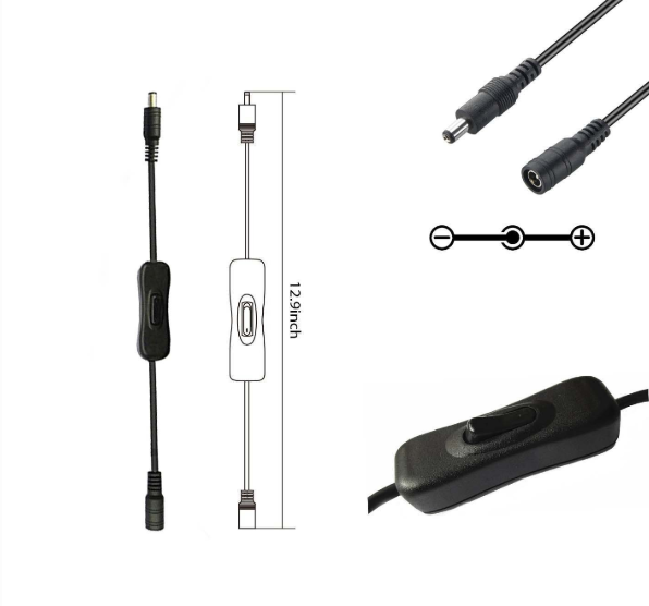 5 Pack of Male to Female DC Power Inline Cable with On Off Switch Jack Connector 5.5x2.1mm for Led Strip Light, CCTV Camera, No Need Soldering