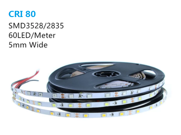CRI80 2700K-6000K White 5mm Wide Flexible LED Strips 12V Dimmable SMD3528-300 60 LEDs 300lm/Mtr