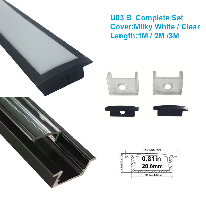 Black LED Profile U03 10x30mm U-Shape LED Aluminum Channel Kit