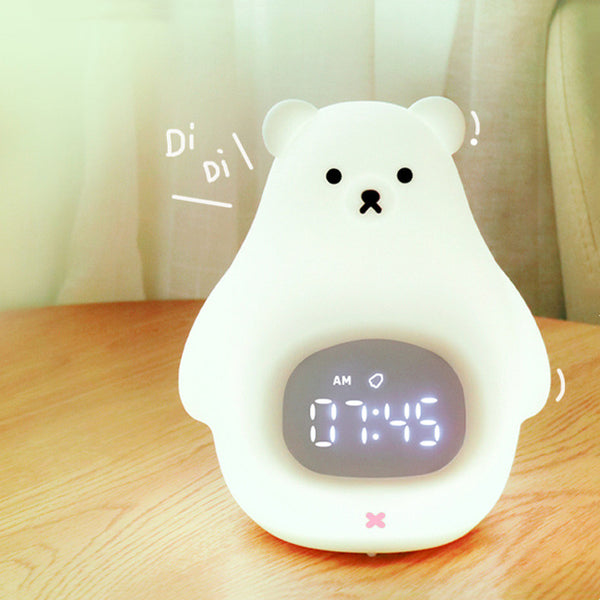 White Bear Clock and LED Night Light Rechargeable Nursery Lamp with Timer for Baby Girls Boys