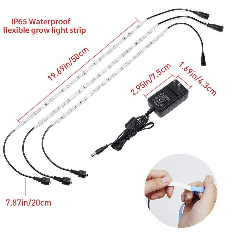 3Pcs 18W 1.6ft Waterproof LED Flexible Grow Strip Lights w/ 2A Power Supply for Indoor Plants Growing/Greenhouse/Potted Plant/Hydroponic Garden