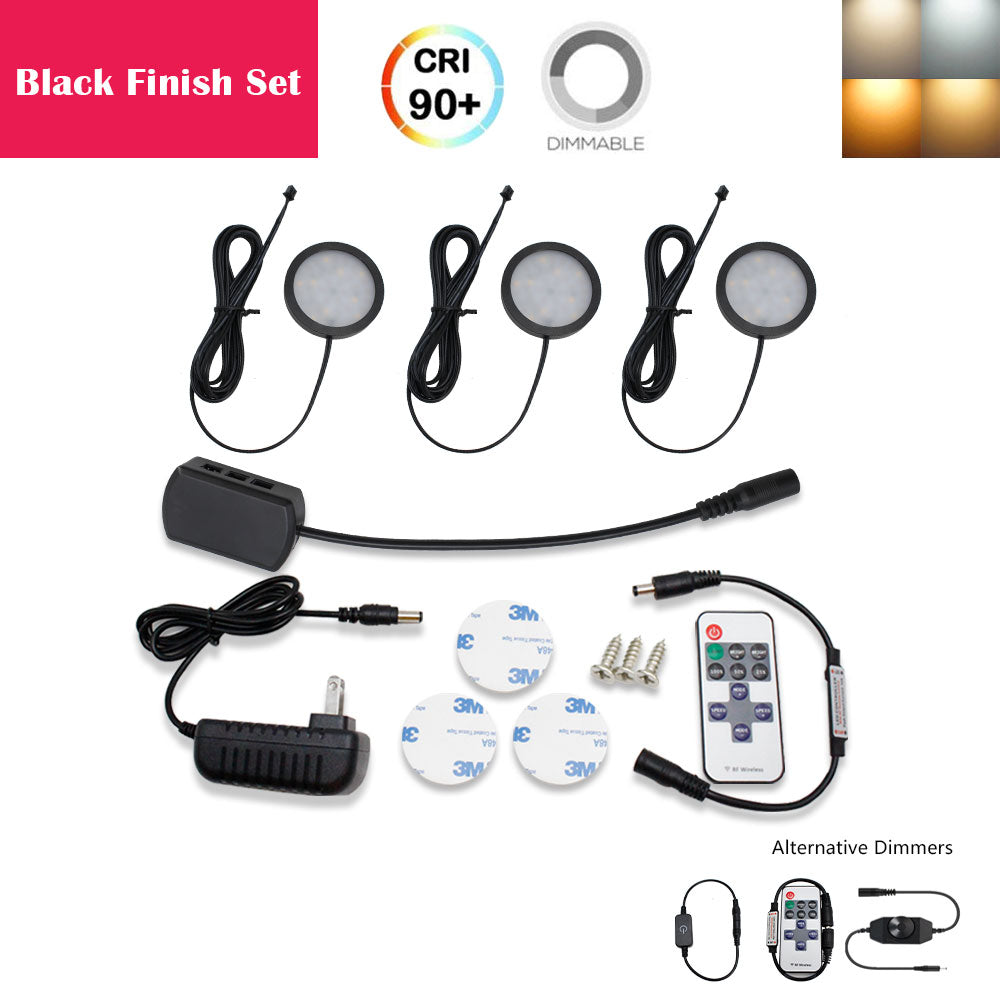 A-Series 3 Pack (3*2W) Dimmable CRI 90 Ultra Thin LED Under Cabinet Puck Lights With Dimmer & Power Adapter, All Accessories Included