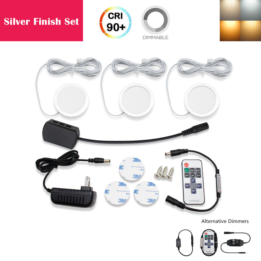 A-Series 3 Pack (3*2W) Dimmable CRI 90 Ultra Thin LED Under Cabinet Puck Lights With Dimmer & Power Adapter, All Accessories Included